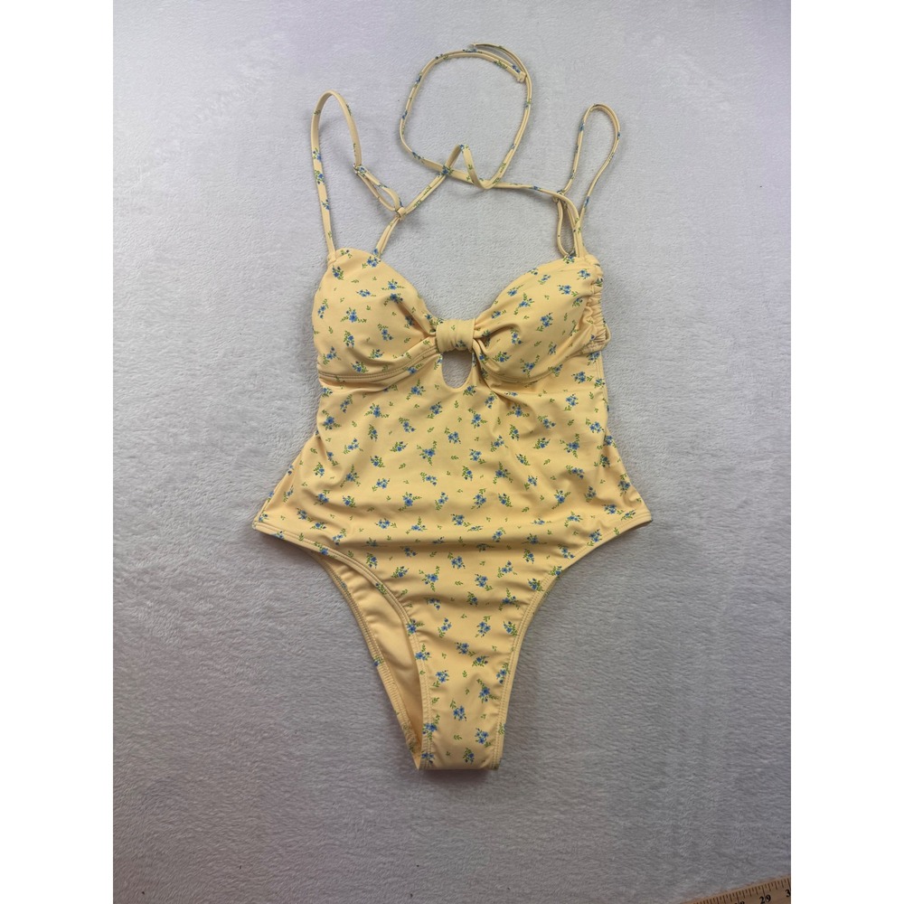 No Boundaries Yellow Ditsy Floral Cheeky High Leg One Piece Swimsuit Medium 8-10